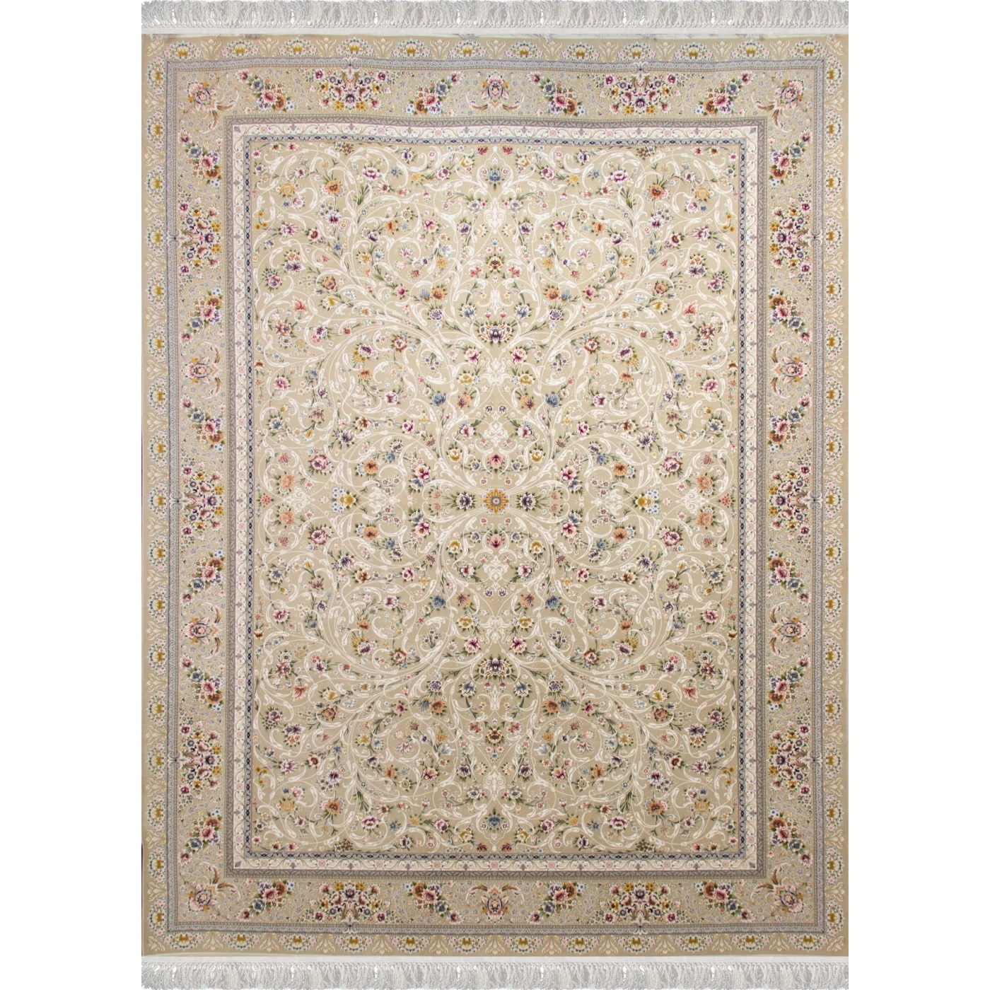 فرش ماشینی ۱۲۰۰ شانه تراکم ۳۶۰۰ گل برجسته طرح سروناز بژ