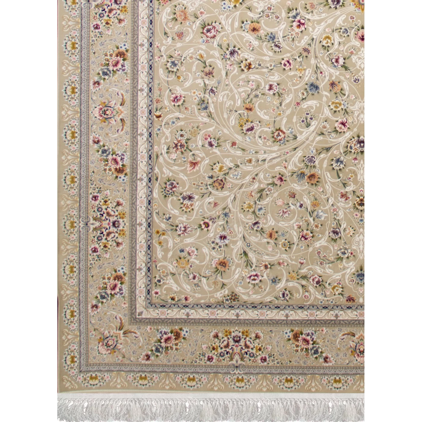 فرش ماشینی ۱۲۰۰ شانه تراکم ۳۶۰۰ گل برجسته طرح سروناز بژ