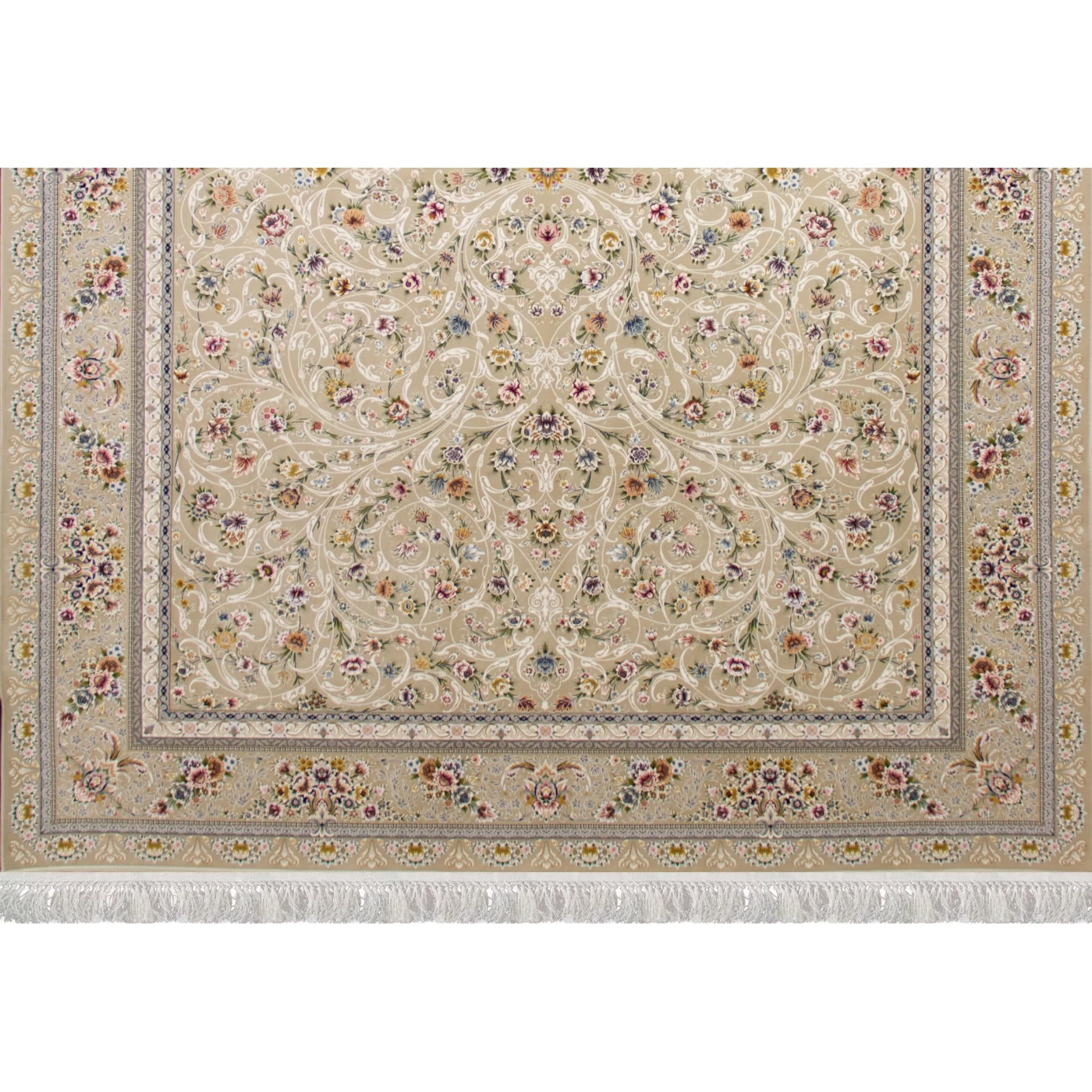 فرش ماشینی ۱۲۰۰ شانه تراکم ۳۶۰۰ گل برجسته طرح سروناز بژ