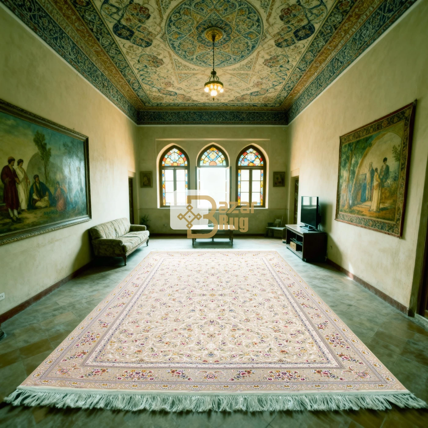 فرش ماشینی ۱۲۰۰ شانه تراکم ۳۶۰۰ گل برجسته طرح سروناز بژ