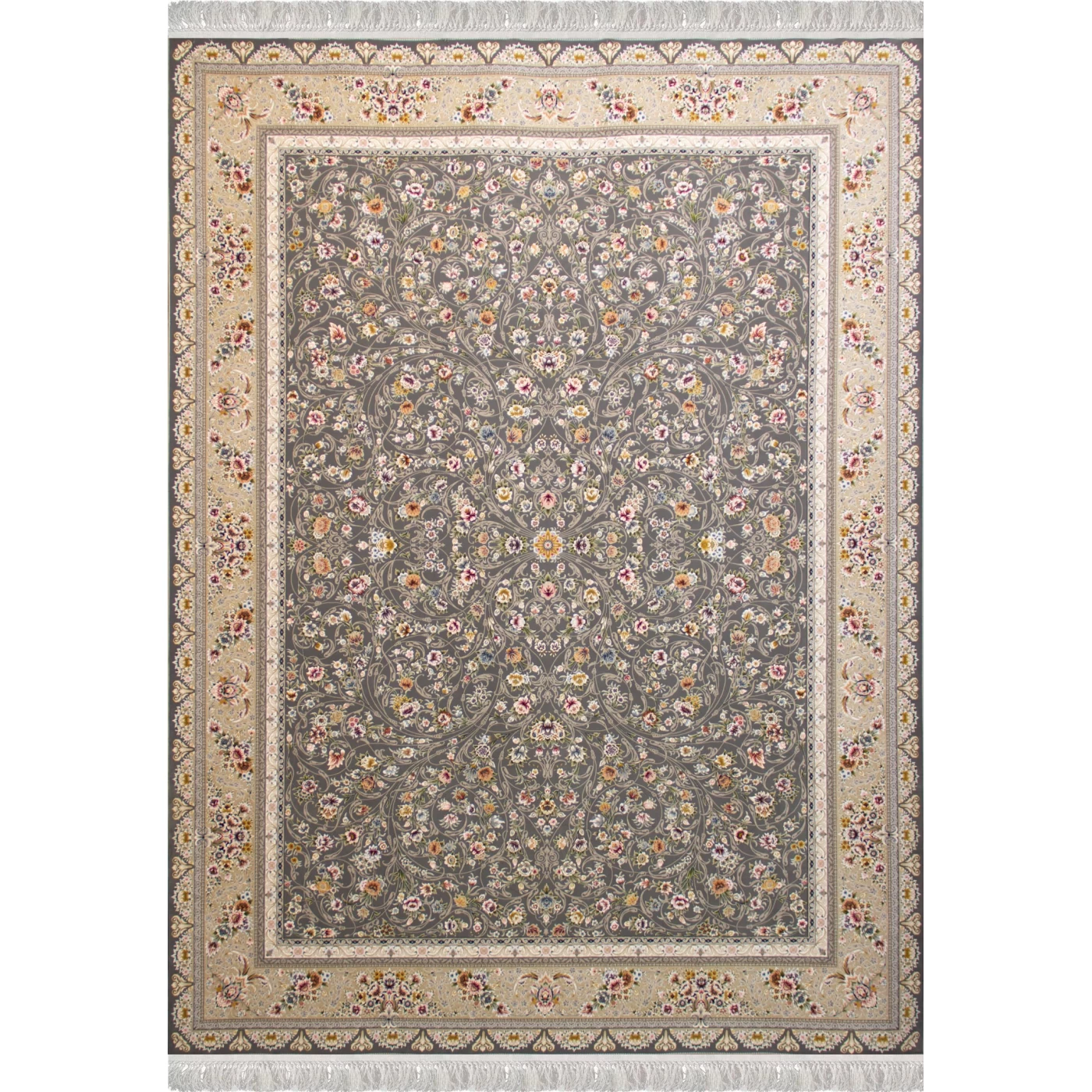 فرش ماشینی ۱۲۰۰ شانه تراکم ۳۶۰۰ گل برجسته طرح سروناز دودی