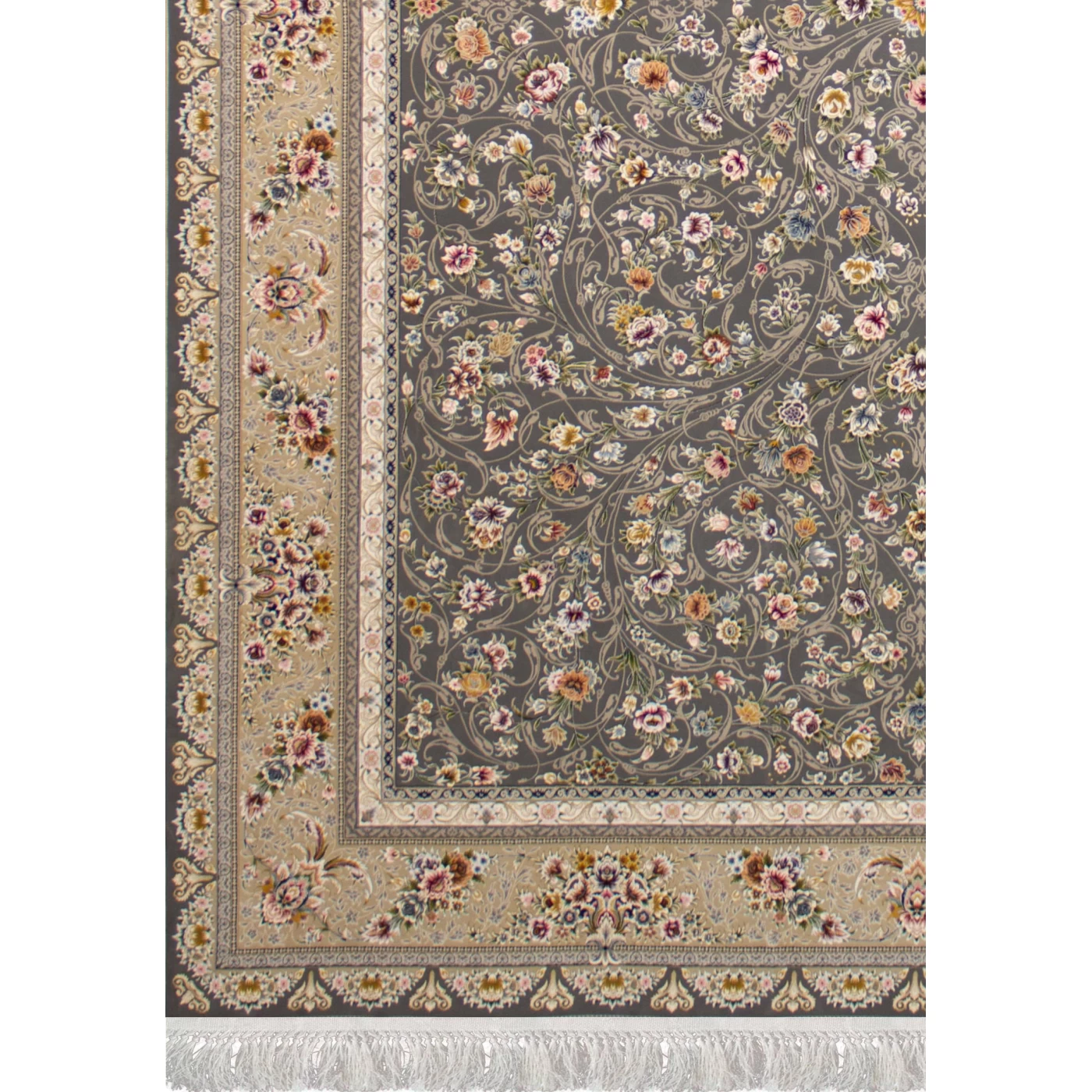 فرش ماشینی ۱۲۰۰ شانه تراکم ۳۶۰۰ گل برجسته طرح سروناز دودی