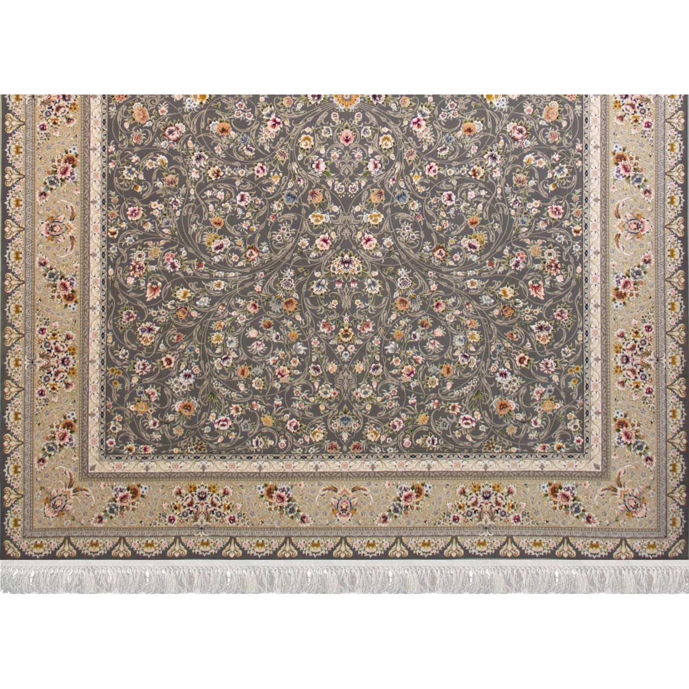 فرش ماشینی ۱۲۰۰ شانه تراکم ۳۶۰۰ گل برجسته طرح سروناز دودی