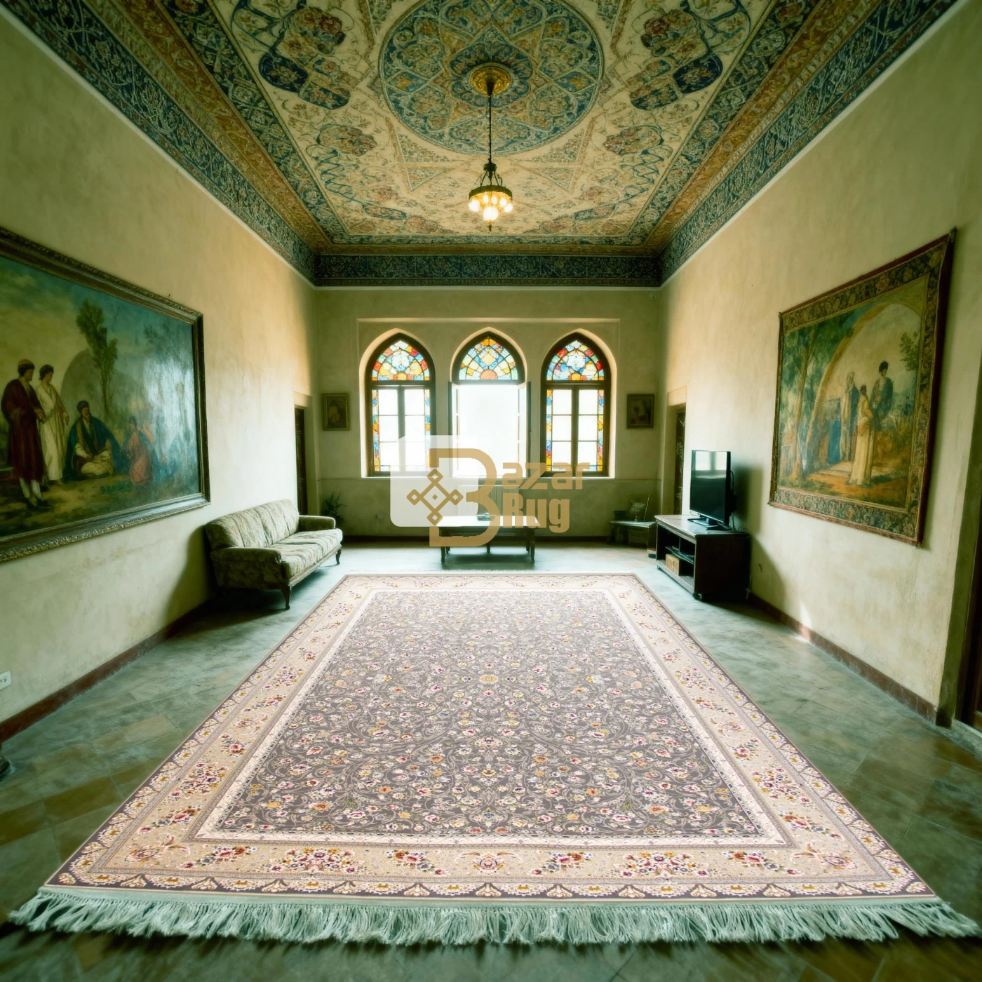 فرش ماشینی ۱۲۰۰ شانه تراکم ۳۶۰۰ گل برجسته طرح سروناز دودی