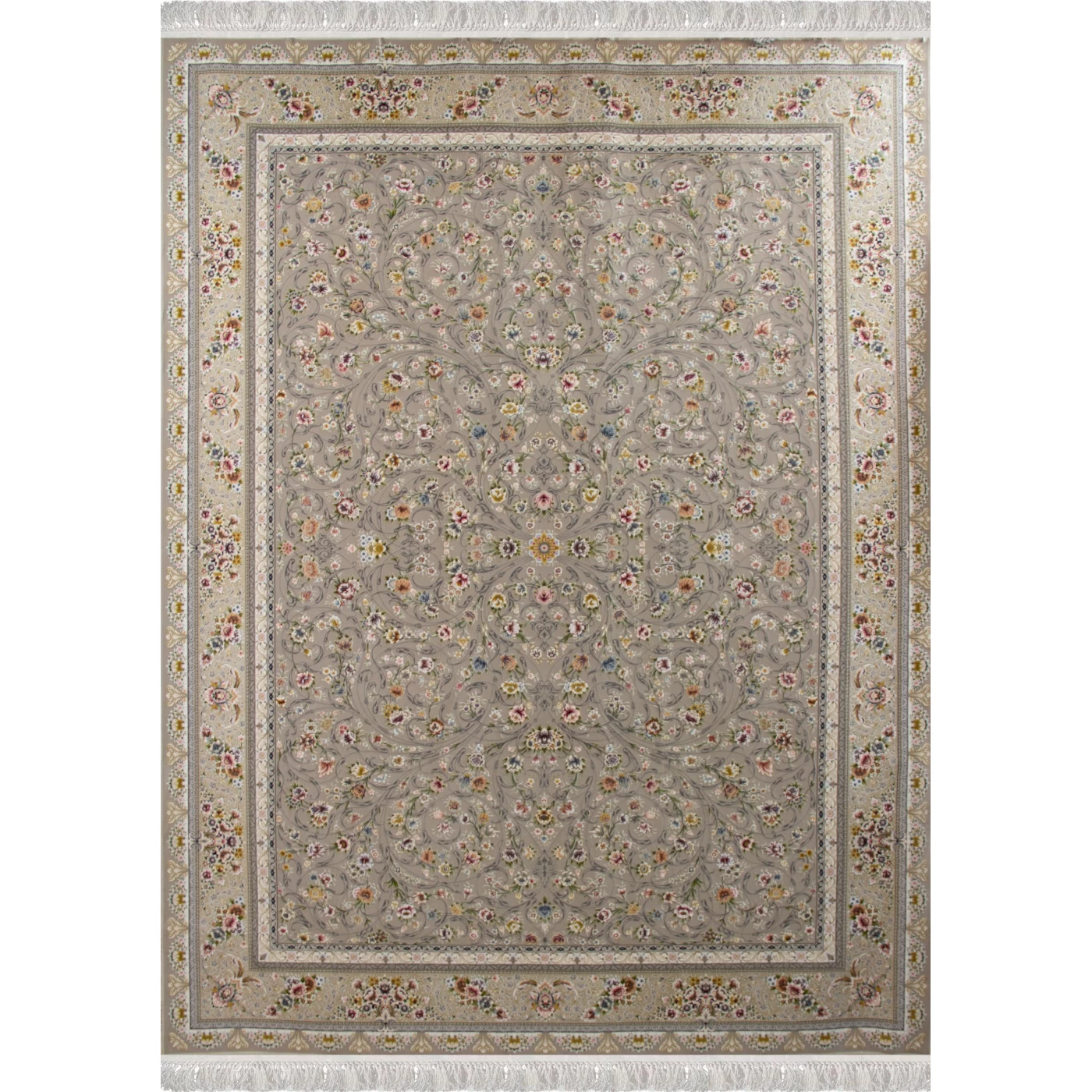 فرش ماشینی ۱۲۰۰ شانه تراکم ۳۶۰۰ گل برجسته طرح سروناز نقره ای