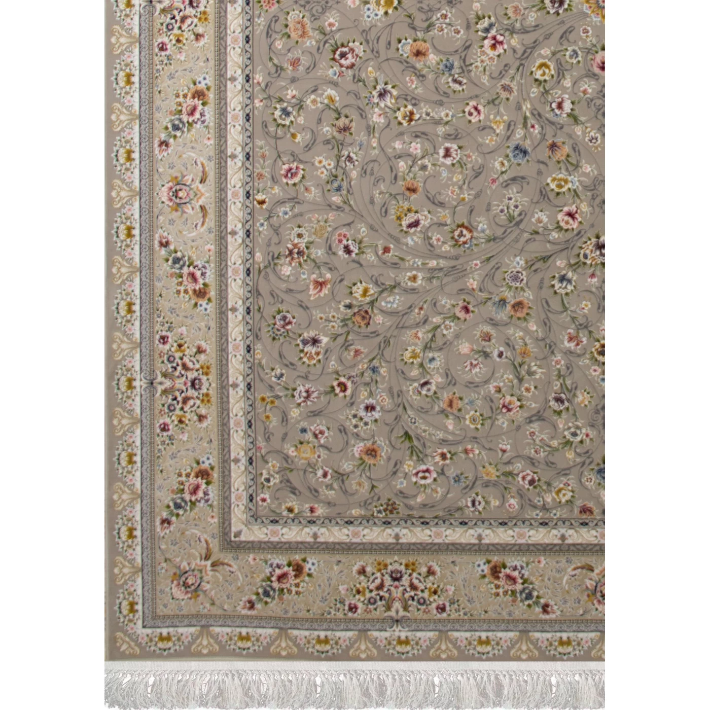 فرش ماشینی ۱۲۰۰ شانه تراکم ۳۶۰۰ گل برجسته طرح سروناز نقره ای