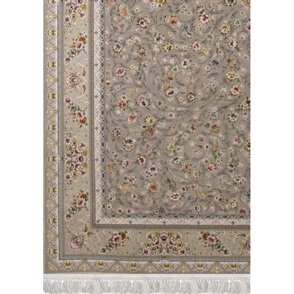 فرش ماشینی ۱۲۰۰ شانه تراکم ۳۶۰۰ گل برجسته طرح سروناز نقره ای