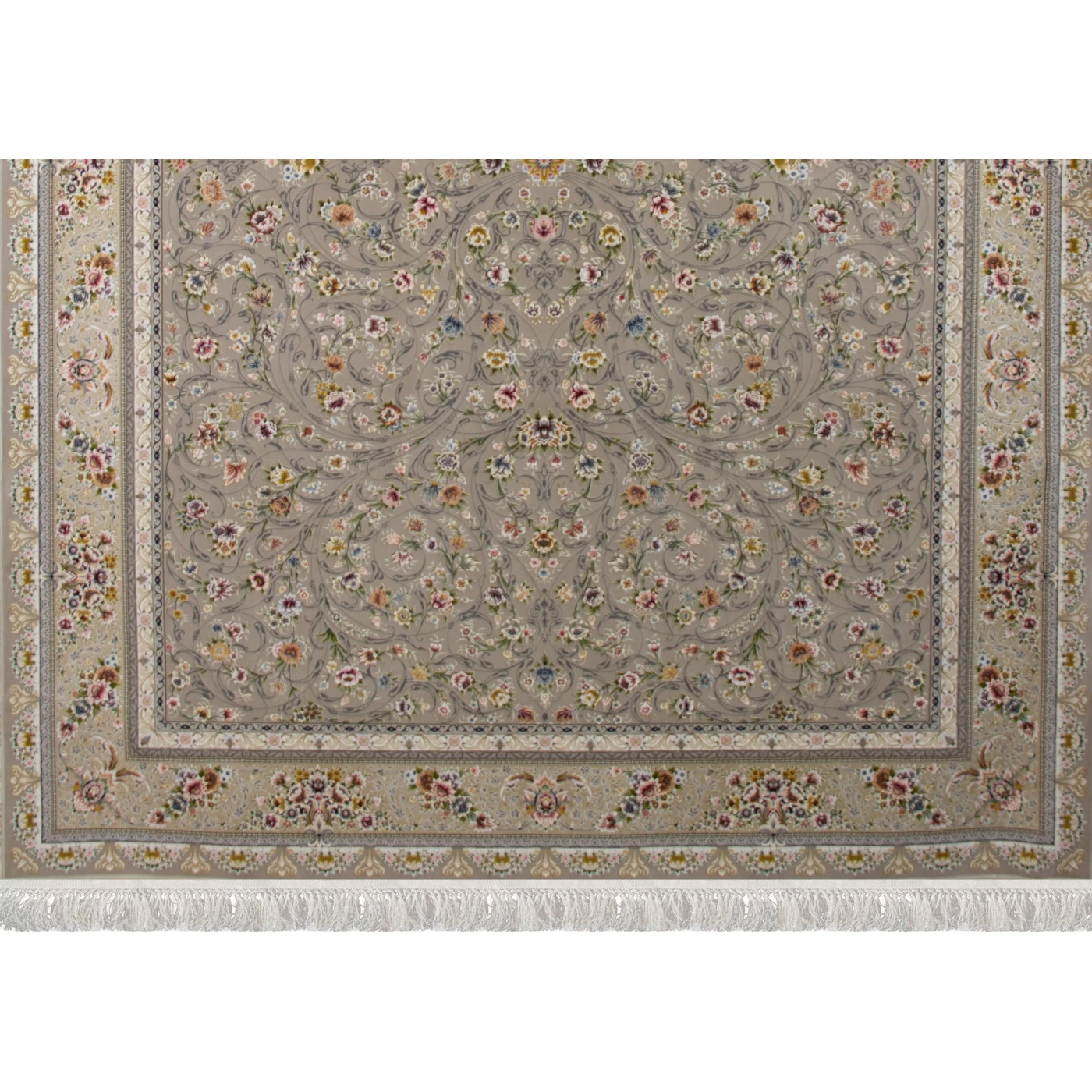 فرش ماشینی ۱۲۰۰ شانه تراکم ۳۶۰۰ گل برجسته طرح سروناز نقره ای