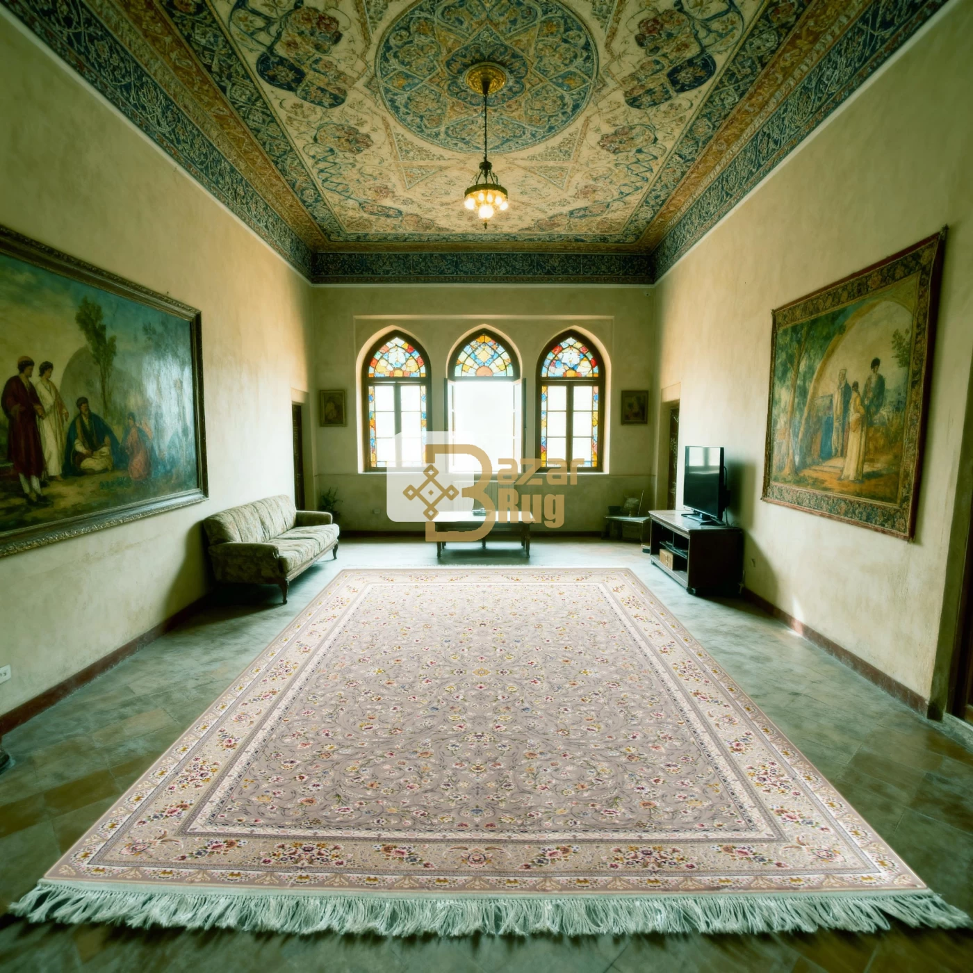 فرش ماشینی ۱۲۰۰ شانه تراکم ۳۶۰۰ گل برجسته طرح سروناز نقره ای