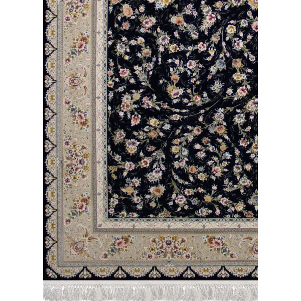 فرش ماشینی ۱۲۰۰ شانه تراکم ۳۶۰۰ گل برجسته طرح سروناز سرمه ای