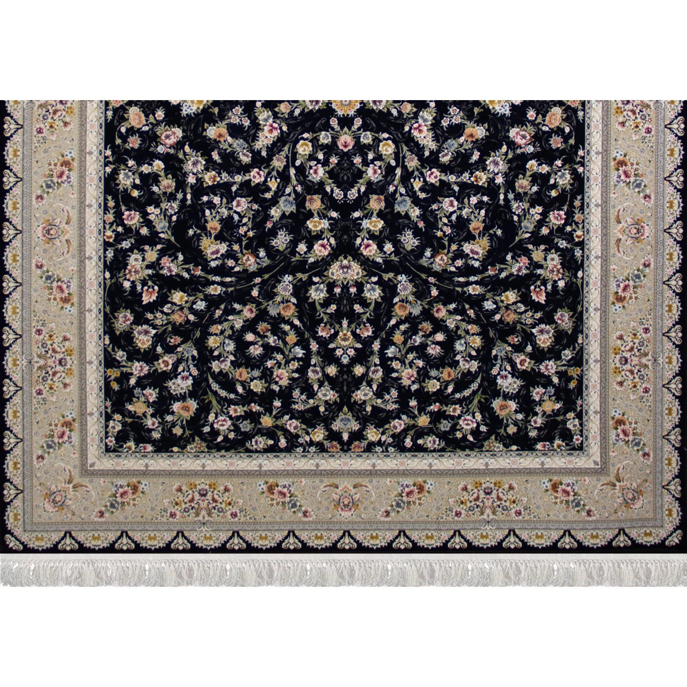 فرش ماشینی ۱۲۰۰ شانه تراکم ۳۶۰۰ گل برجسته طرح سروناز سرمه  ای