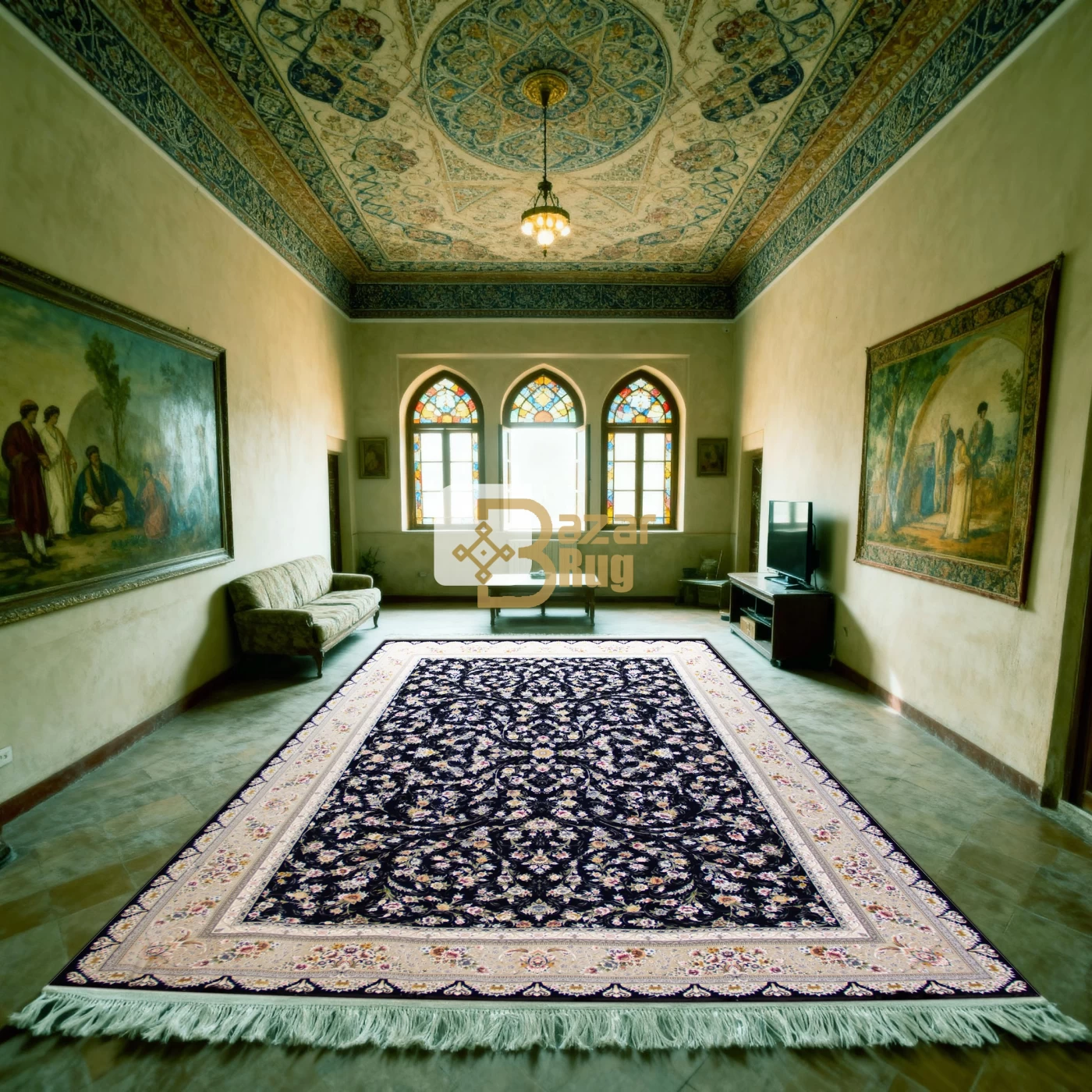 فرش ماشینی ۱۲۰۰ شانه تراکم ۳۶۰۰ گل برجسته طرح سروناز سرمه  ای