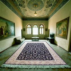 فرش ماشینی ۱۲۰۰ شانه تراکم ۳۶۰۰ گل برجسته طرح سروناز سرمه ای - بازارفرش - فرش 1200 شانه