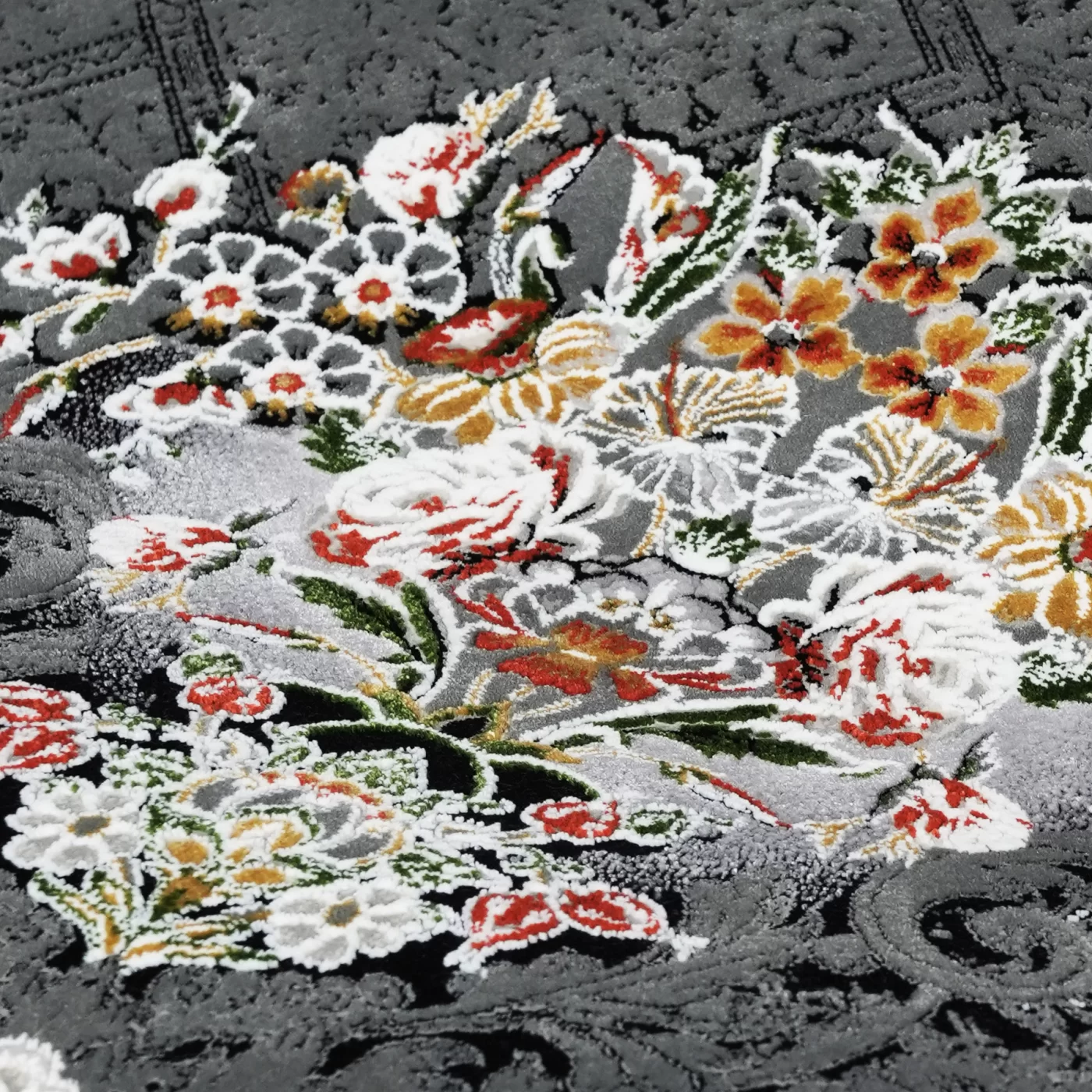 فرش ماشینی 1200 شانه تراکم 3600 گل برجسته طرح شاهنامه سرمه ای