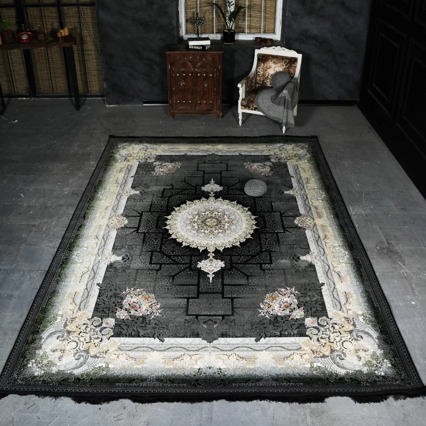 فرش ماشینی 1200 شانه تراکم 3600 گل برجسته طرح شاهنامه سرمه ای