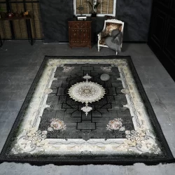 فرش ماشینی 1200 شانه تراکم 3600 گل برجسته طرح شاهنامه سرمه ای - بازارفرش - فرش 1200 شانه