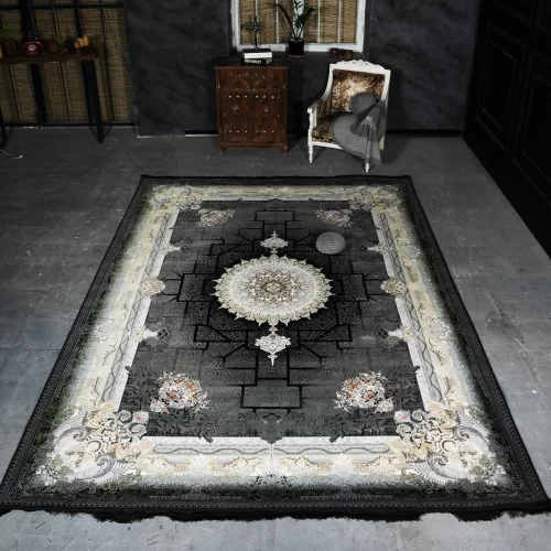 فرش ماشینی 1200 شانه تراکم 3600 گل برجسته طرح شاهنامه سرمه ای