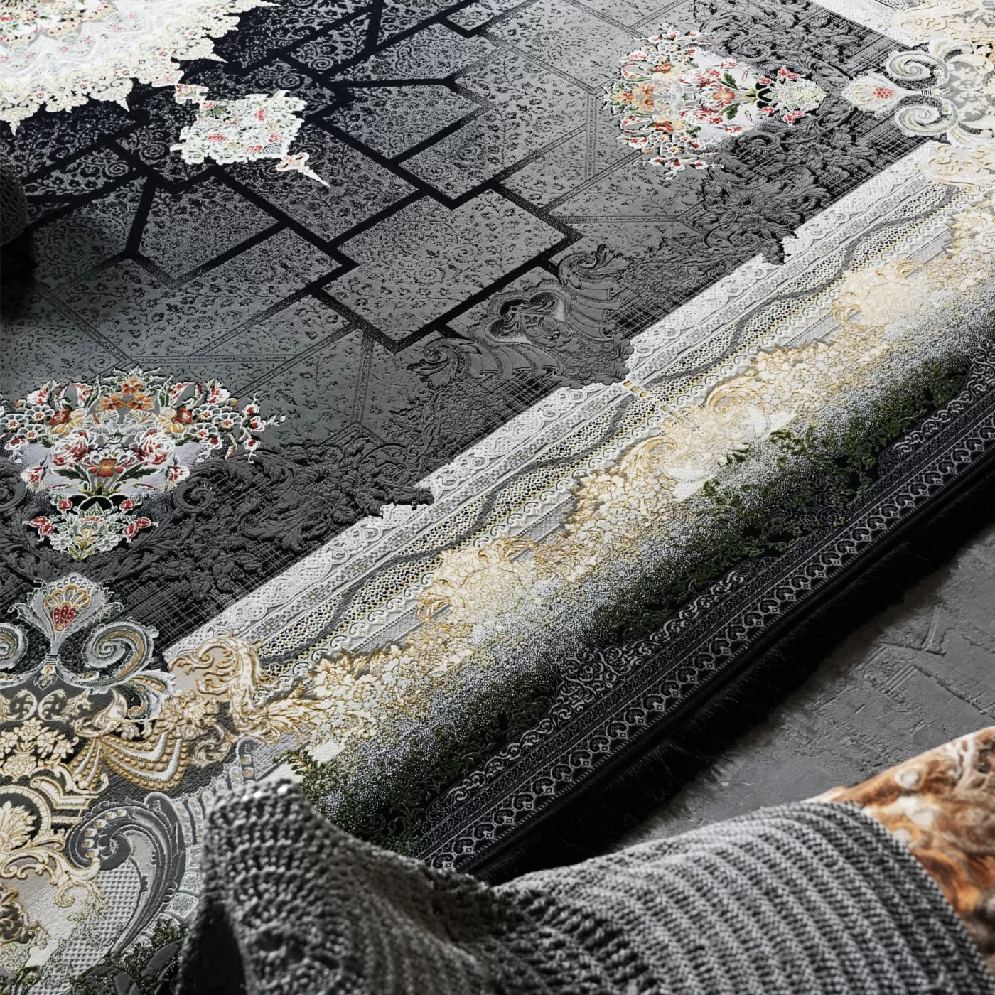 فرش ماشینی 1200 شانه تراکم 3600 گل برجسته طرح شاهنامه سرمه ای