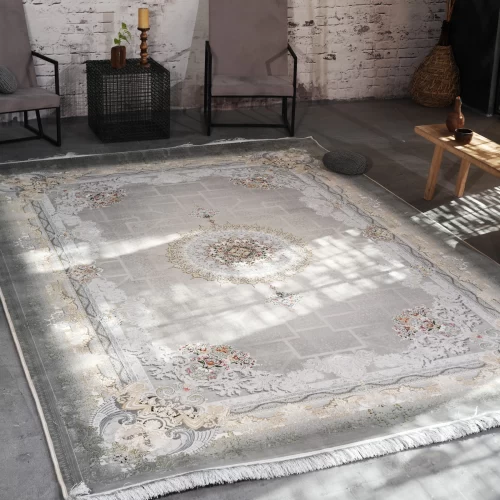 فرش ماشینی 1200 شانه تراکم 3600 گل برجسته طرح شاهنامه بژ