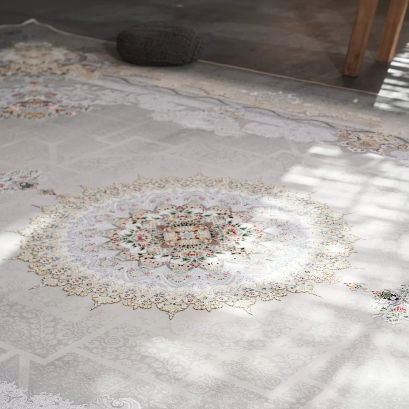 فرش ماشینی 1200 شانه تراکم 3600 گل برجسته طرح شاهنامه بژ