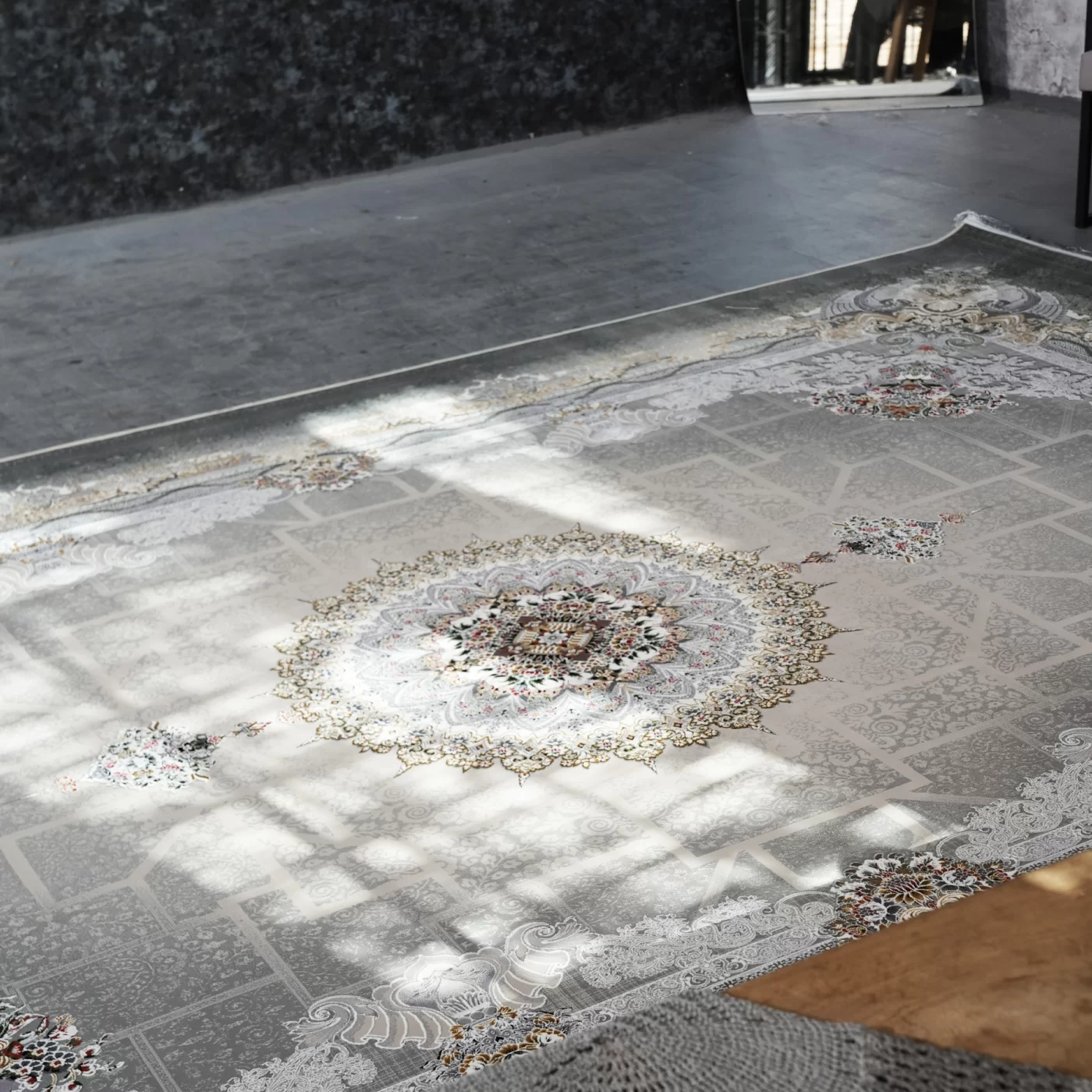 فرش ماشینی 1200 شانه تراکم 3600 گل برجسته طرح شاهنامه بژ