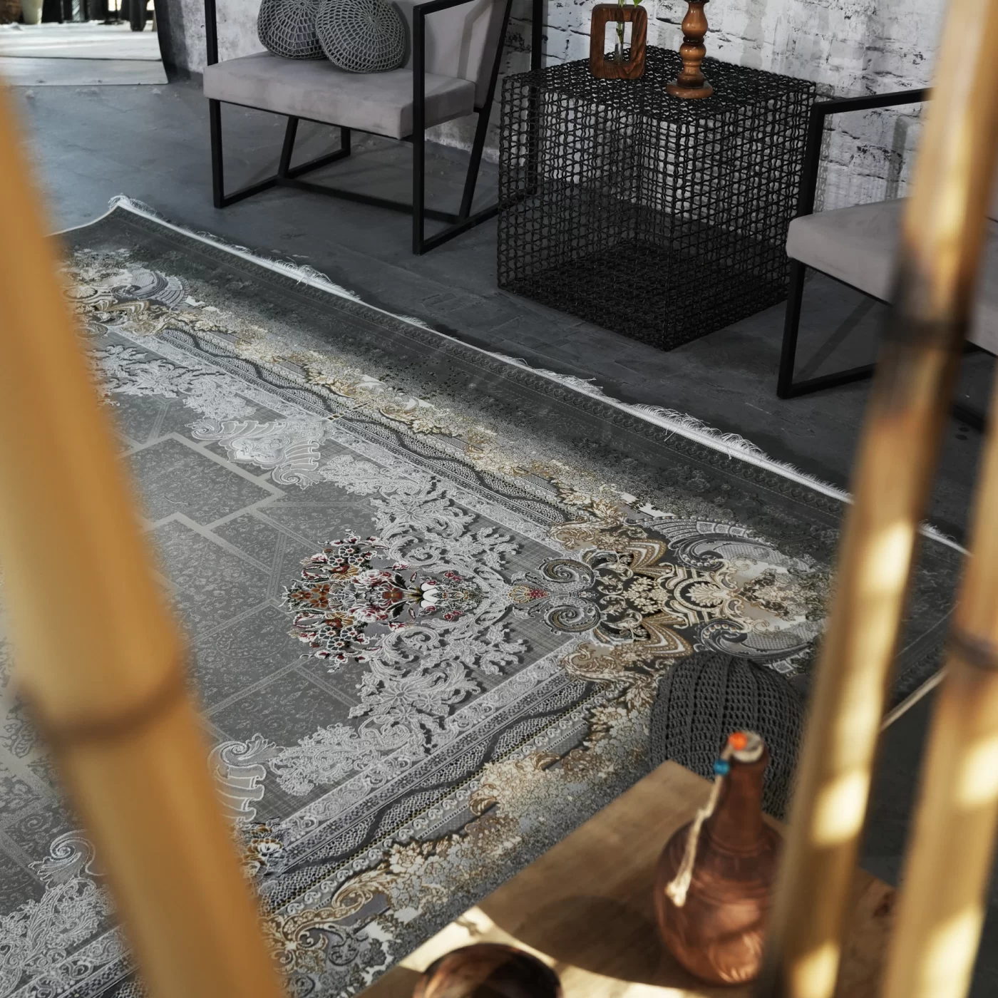 فرش ماشینی 1200 شانه تراکم 3600 گل برجسته طرح شاهنامه بژ