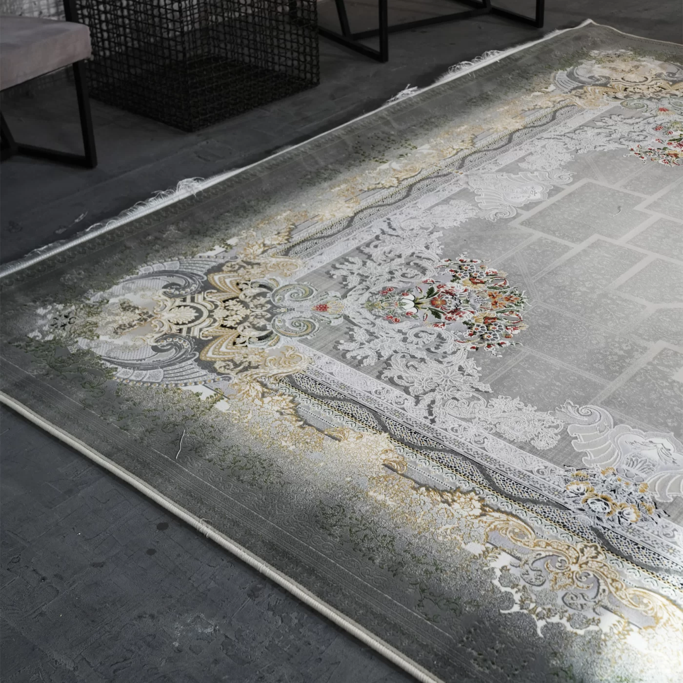 فرش ماشینی 1200 شانه تراکم 3600 گل برجسته طرح شاهنامه بژ