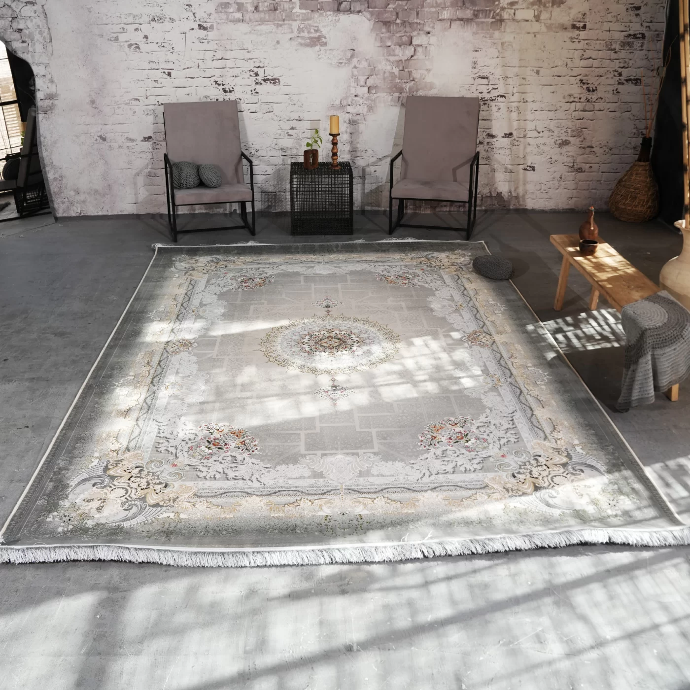 فرش ماشینی 1200 شانه تراکم 3600 گل برجسته طرح شاهنامه بژ