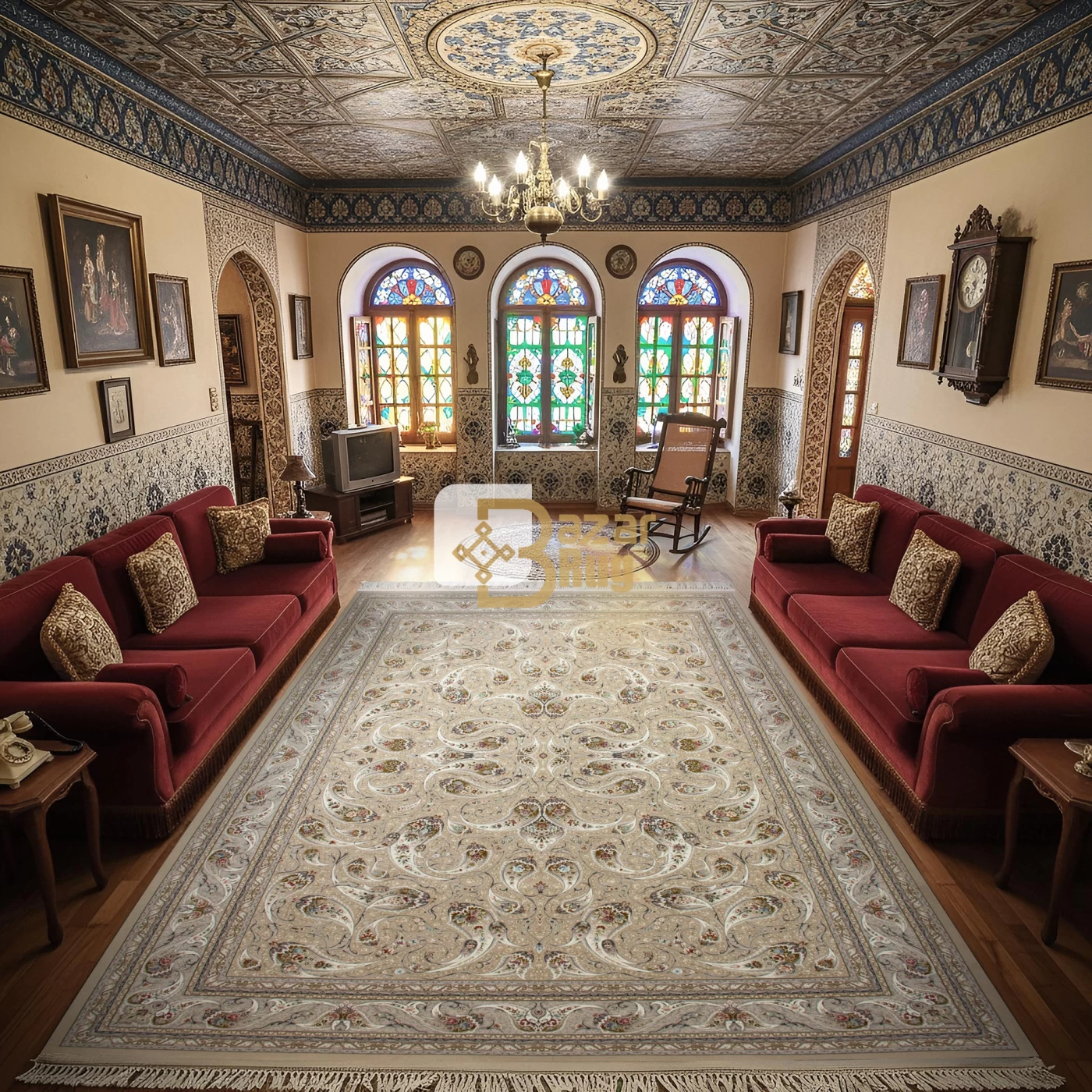 	فرش ماشینی 1500 شانه تراکم 4500 برجسته طرح افشان ماهی بژ