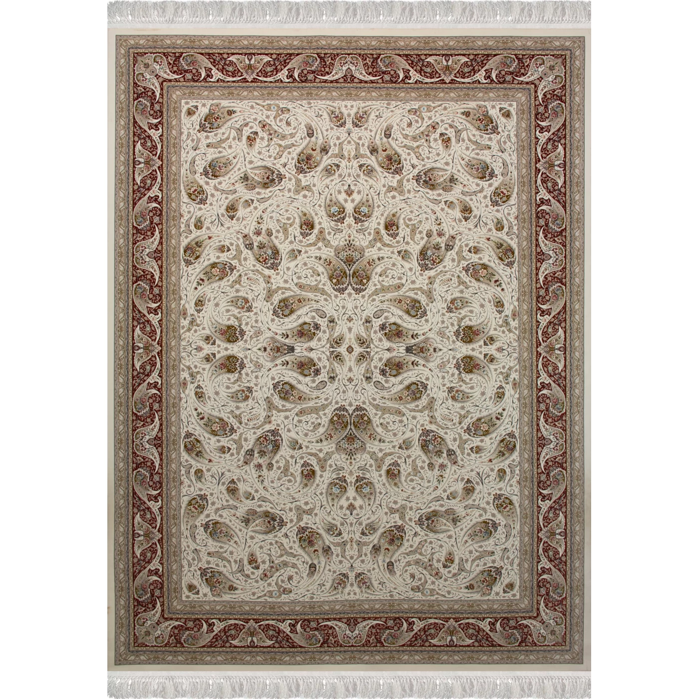 فرش ماشینی 1500 شانه تراکم 4500 برجسته طرح افشان ماهی کرم حاشیه گلبهی