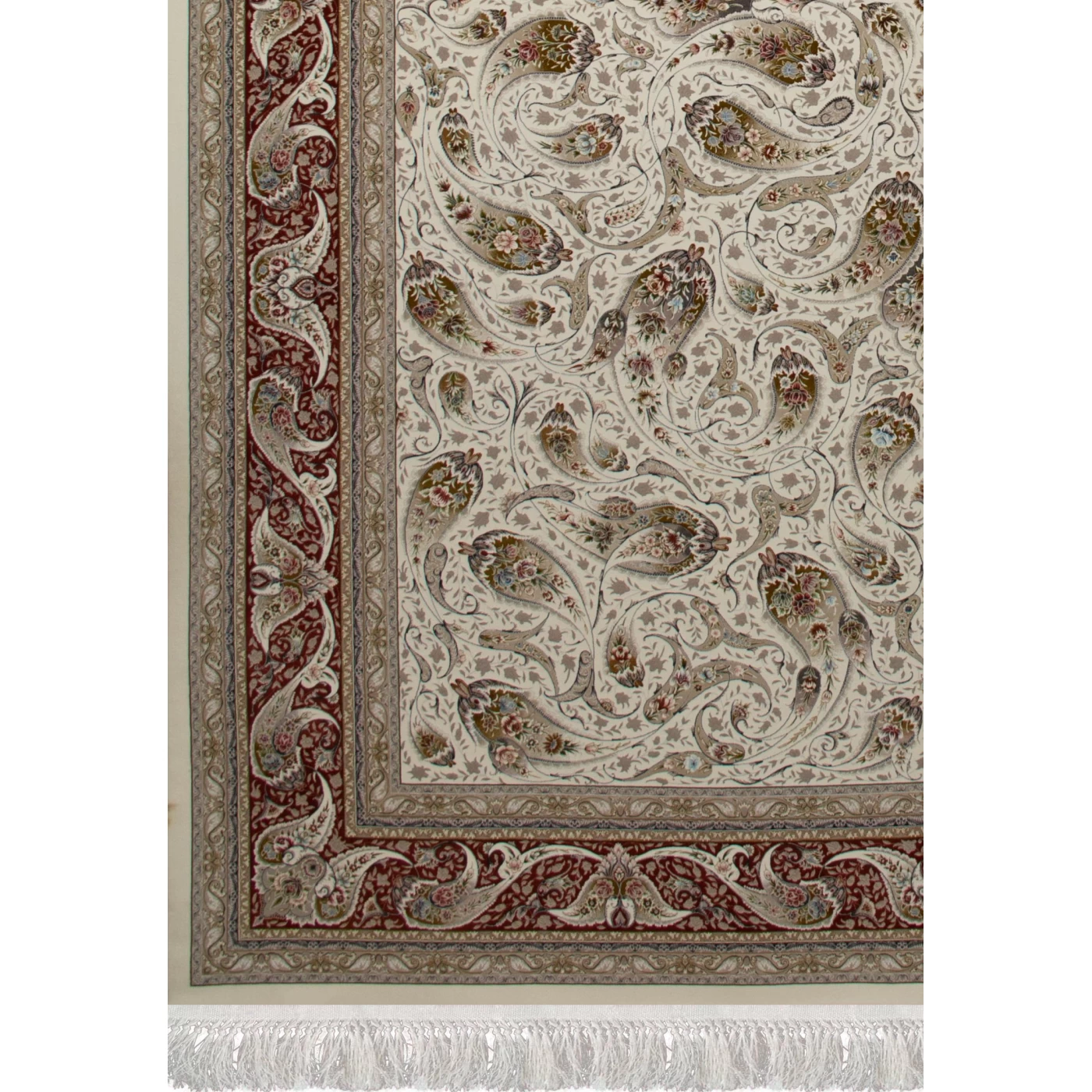 فرش ماشینی 1500 شانه تراکم 4500 برجسته طرح افشان ماهی کرم حاشیه گلبهی