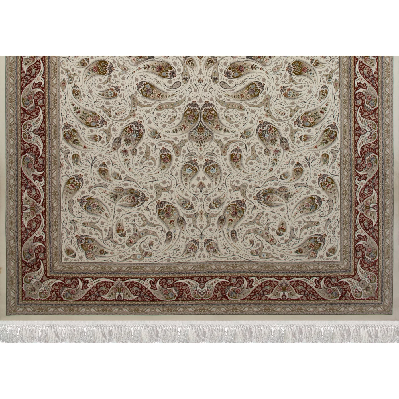 فرش ماشینی 1500 شانه تراکم 4500 برجسته طرح افشان ماهی کرم حاشیه گلبهی