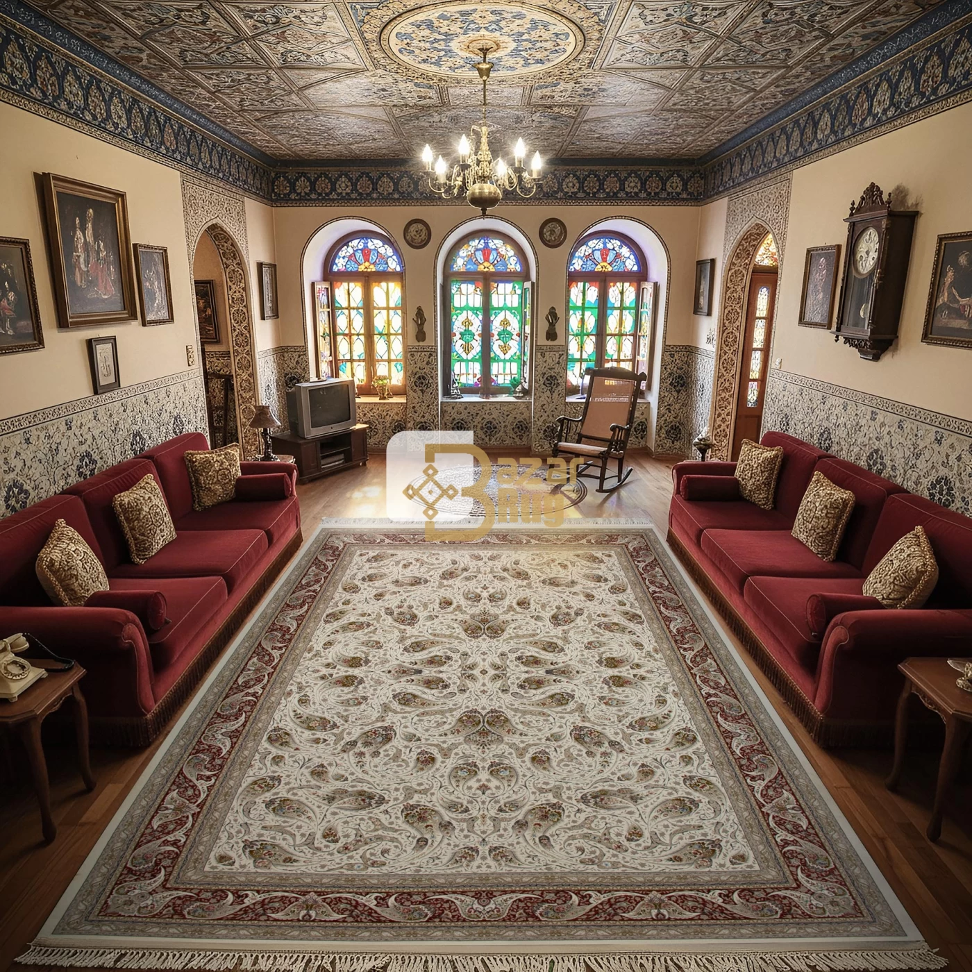 فرش ماشینی 1500 شانه تراکم 4500 برجسته طرح افشان ماهی کرم حاشیه گلبهی