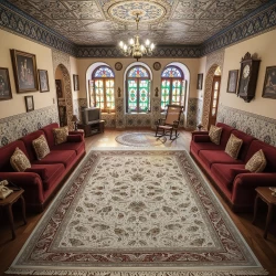 فرش ماشینی 1500 شانه تراکم 4500 برجسته طرح افشان ماهی کرم حاشیه گلبهی - بازارفرش - فرش 1500 شانه