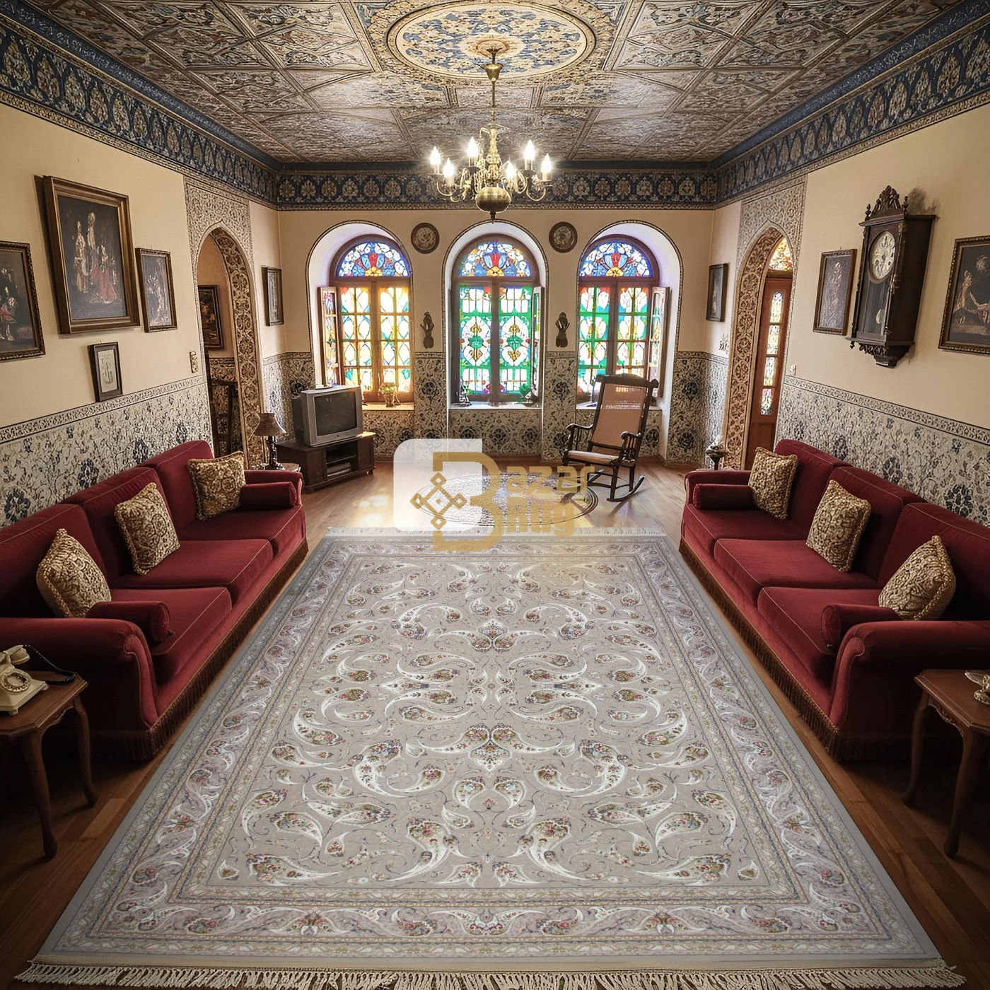 فرش ماشینی 1500 شانه تراکم 4500 برجسته طرح افشان ماهی صدفی