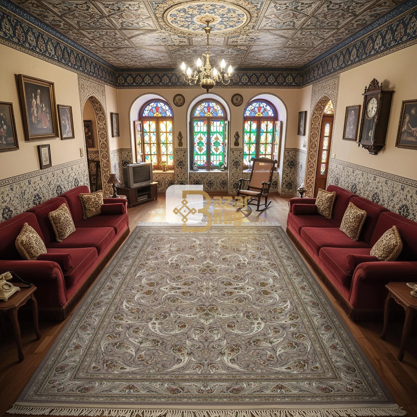 	فرش ماشینی 1500 شانه تراکم 4500 برجسته طرح افشان ماهی یاسی