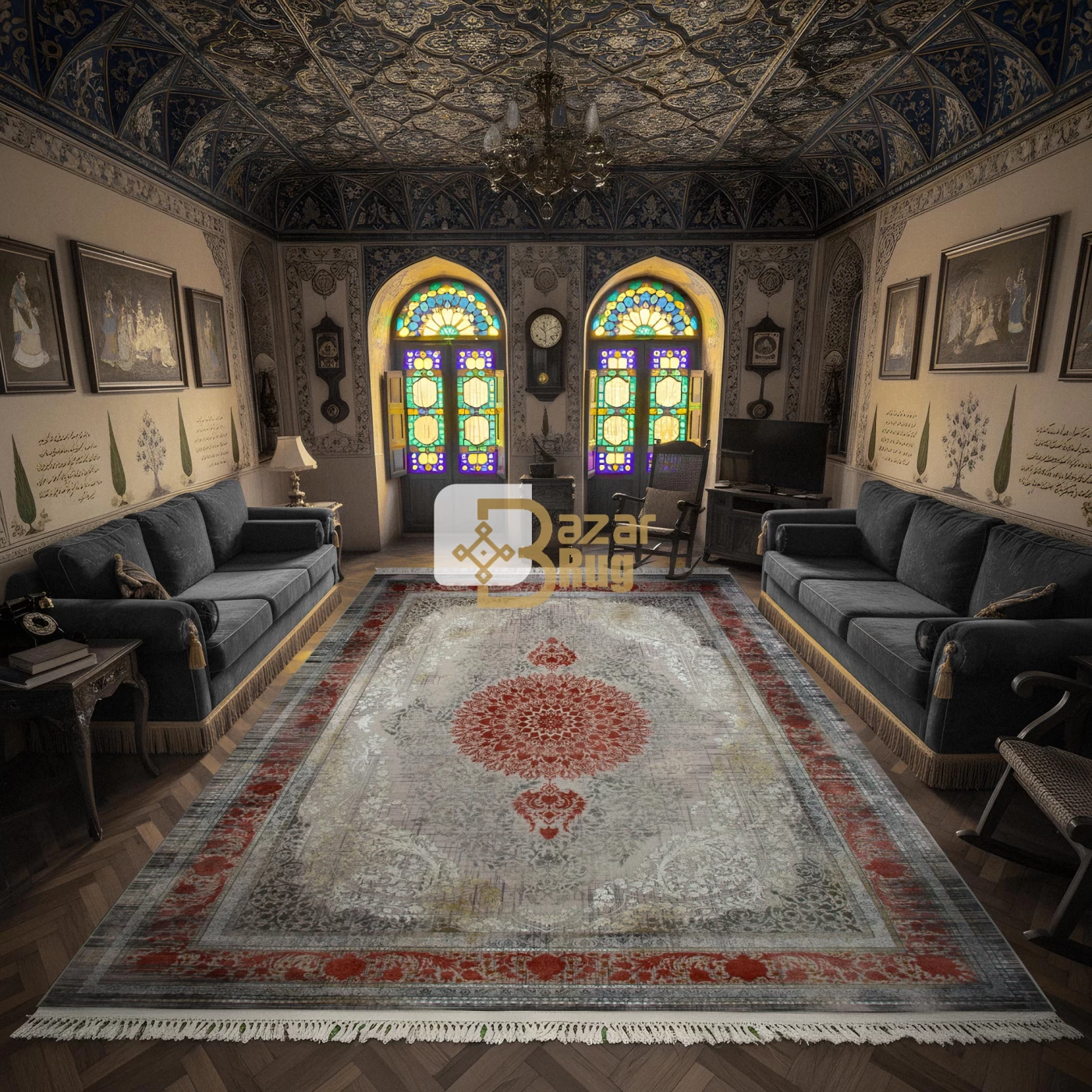 فرش ماشینی 1500 شانه تراکم 4500 برجسته طرح فرید یاسی حاشیه گلبهی