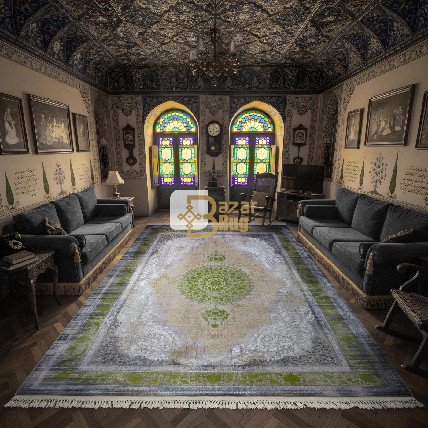 فرش ماشینی 1500 شانه تراکم 4500 برجسته طرح فرید یاسی حاشیه سبز