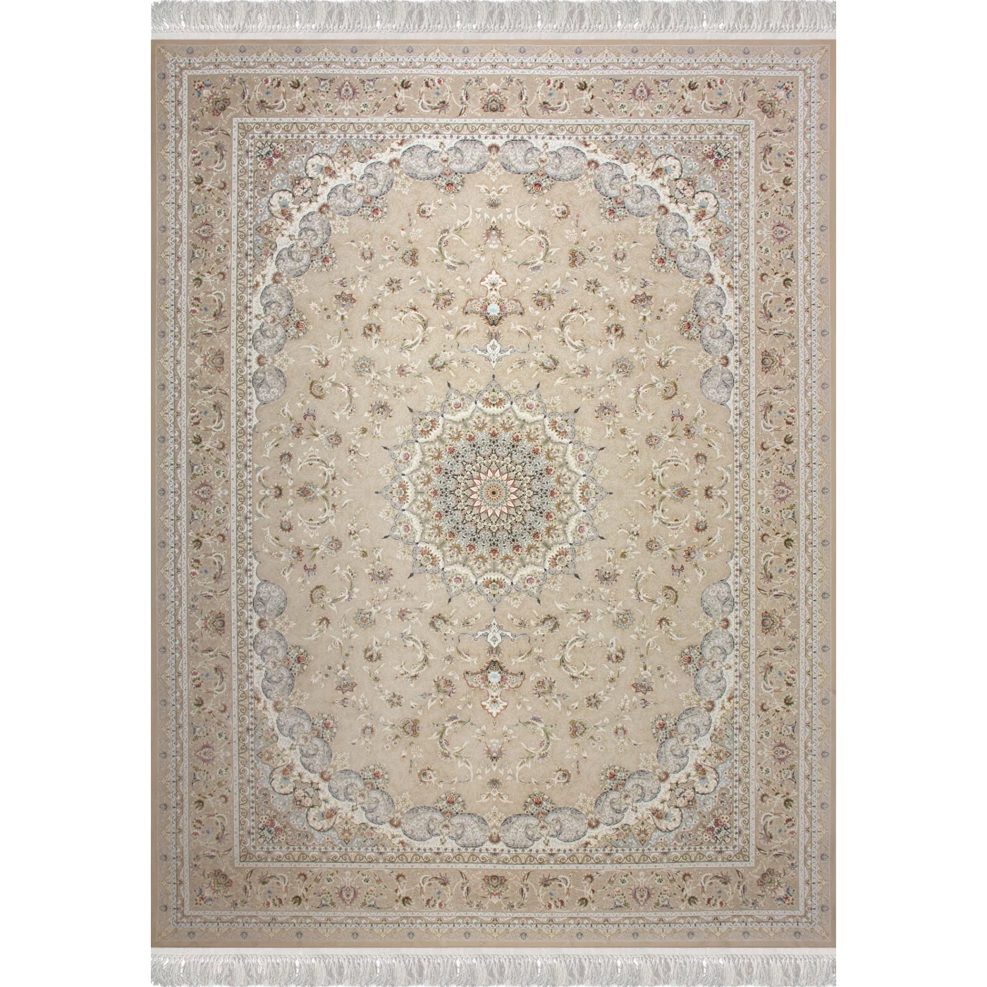 فرش ماشینی 1500 شانه تراکم 4500 برجسته طرح فروغ بژ