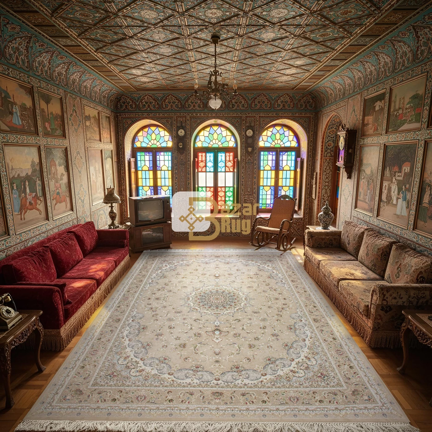 فرش ماشینی 1500 شانه تراکم 4500 برجسته طرح فروغ بژ