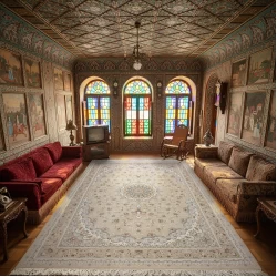 فرش ماشینی 1500 شانه تراکم 4500 برجسته طرح فروغ بژ - بازارفرش - فرش 1500 شانه