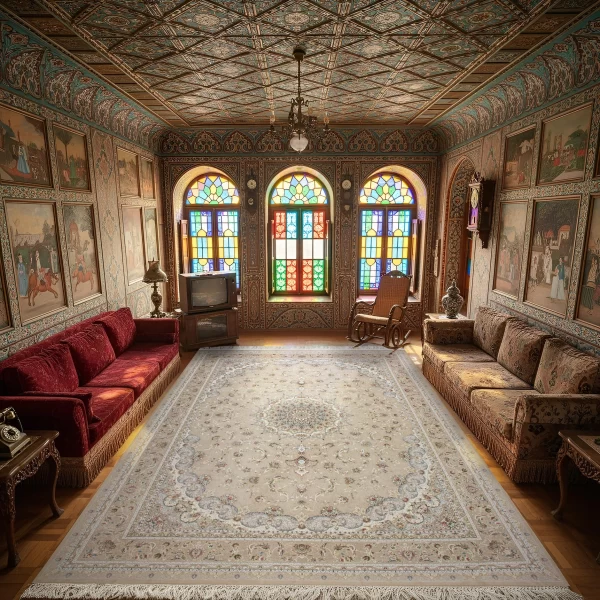 فرش ماشینی 1500 شانه تراکم 4500 برجسته طرح فروغ بژ