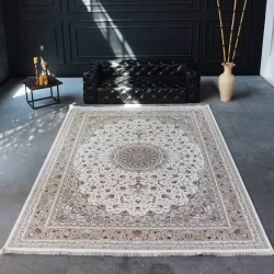 فرش ماشینی 1500 شانه تراکم 4500 برجسته طرح فروغ کرم حاشیه بژ - بازارفرش - فرش 1500 شانه