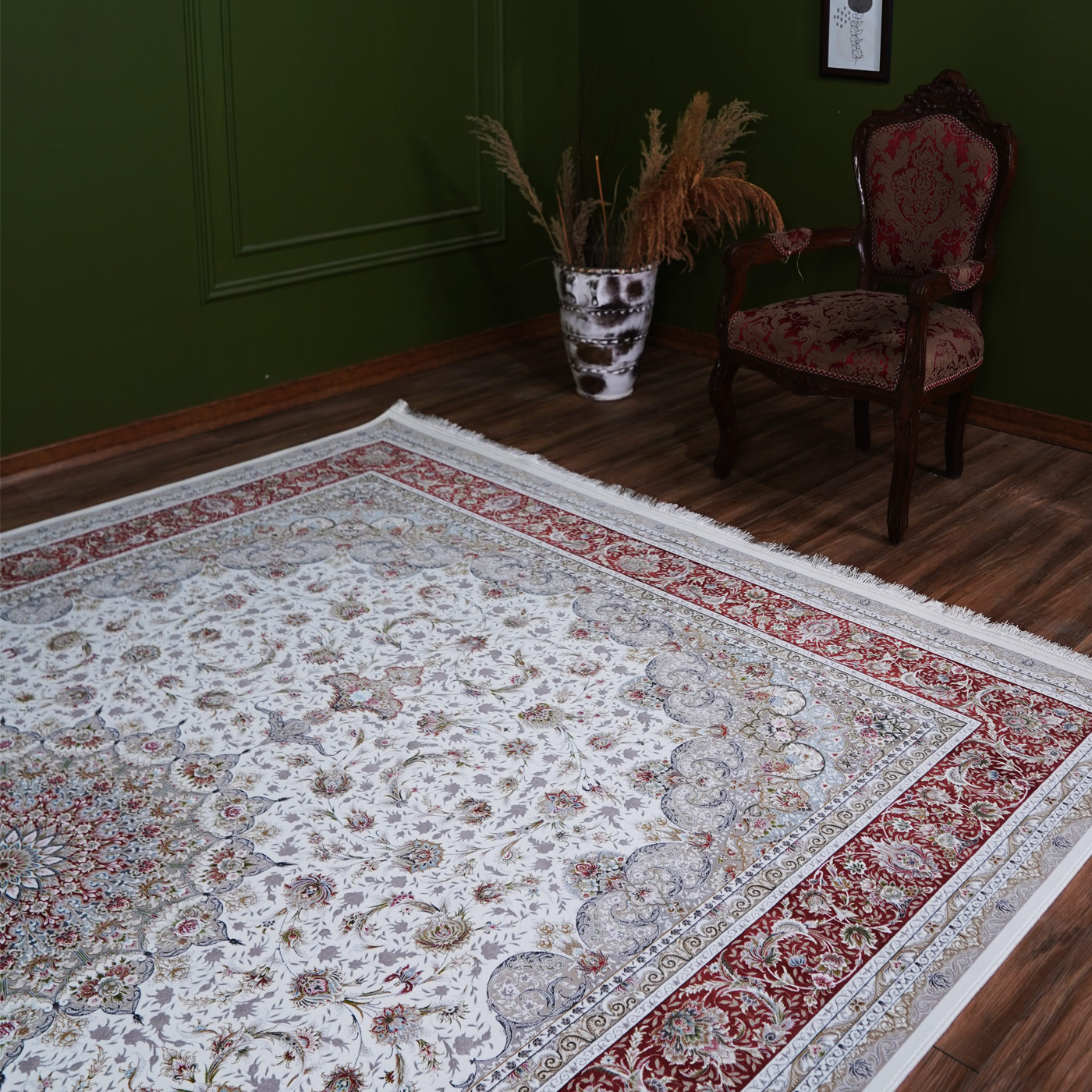 فرش ماشینی 1500 شانه تراکم 4500 برجسته طرح فروغ کرم حاشیه گلبهی