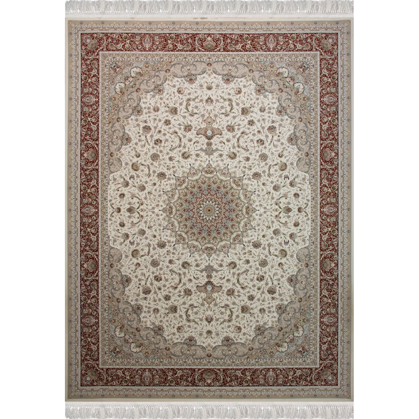 فرش ماشینی 1500 شانه تراکم 4500 برجسته طرح فروغ کرم حاشیه گلبهی