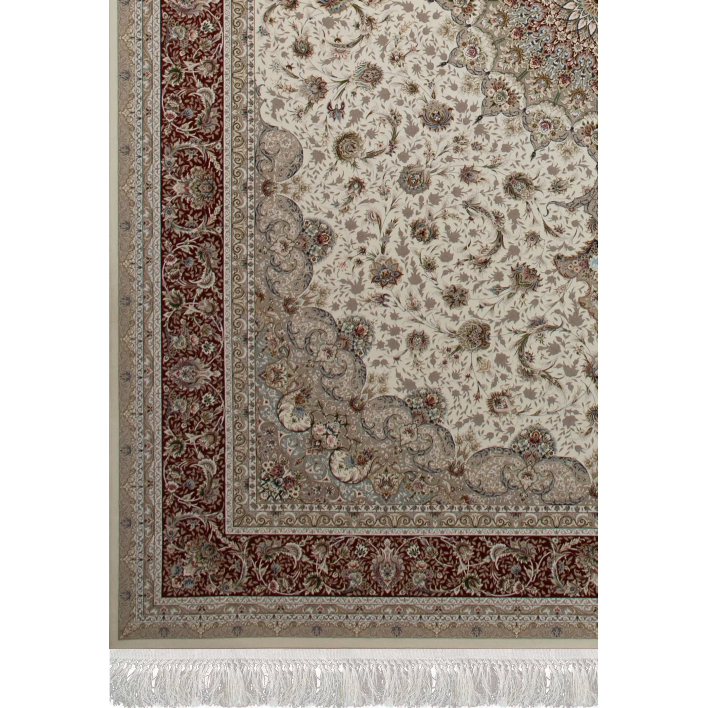 فرش ماشینی 1500 شانه تراکم 4500 برجسته طرح فروغ کرم حاشیه گلبهی