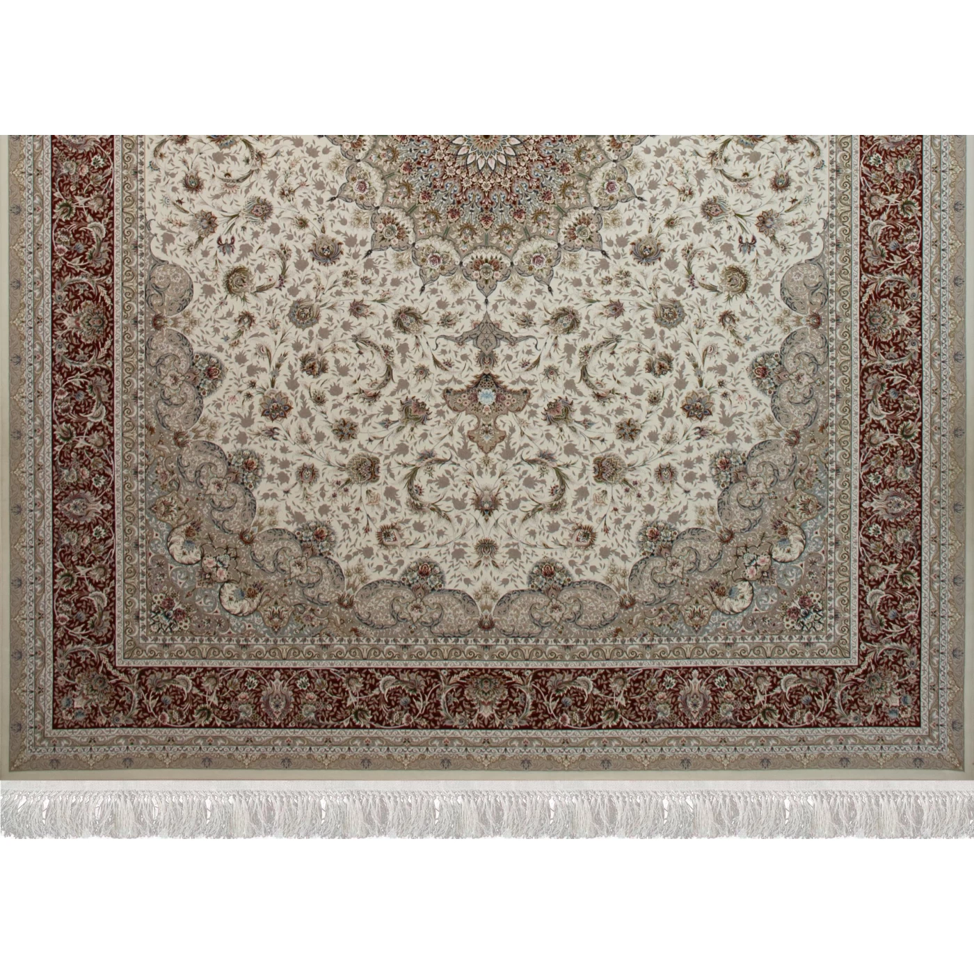 فرش ماشینی 1500 شانه تراکم 4500 برجسته طرح فروغ کرم حاشیه گلبهی