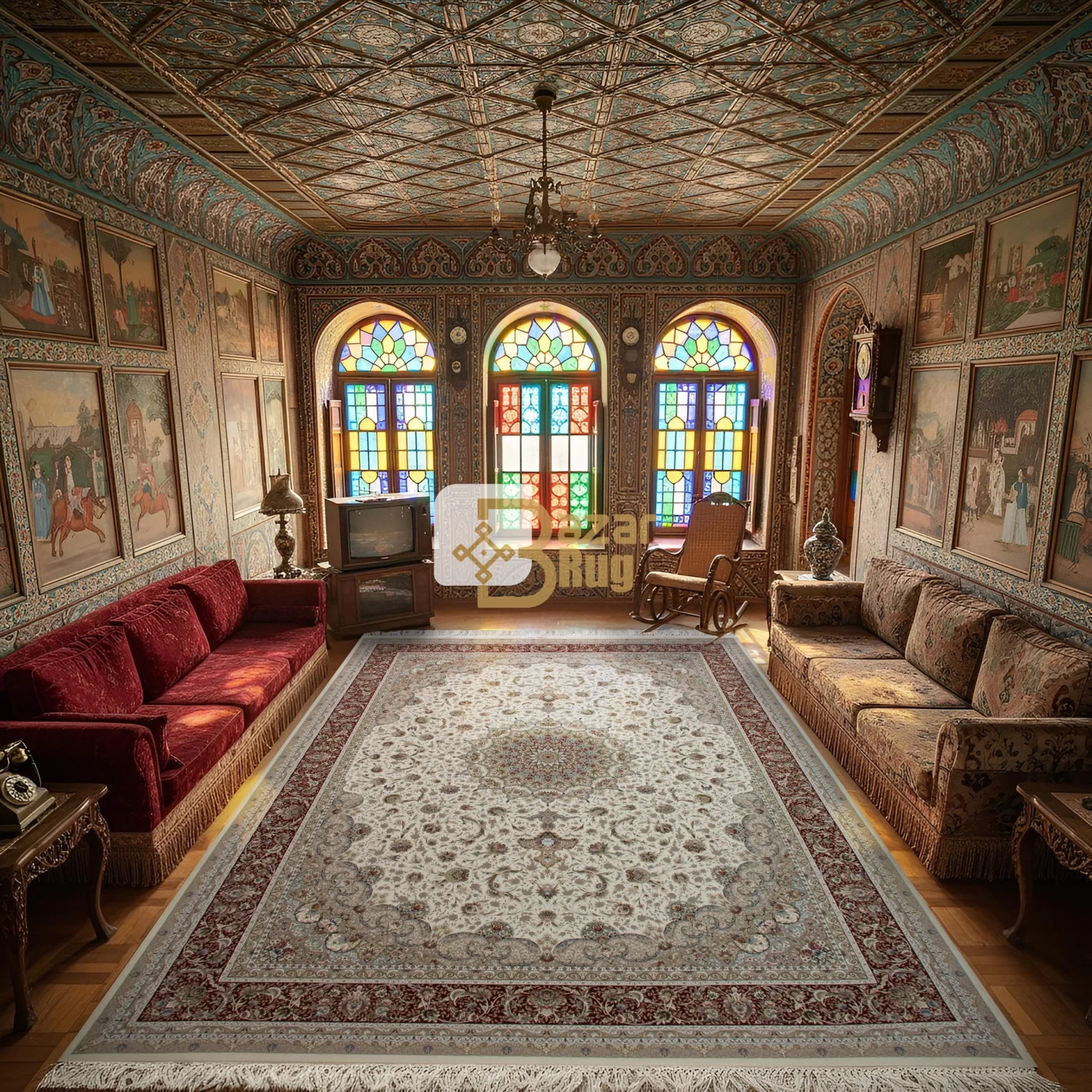 فرش ماشینی 1500 شانه تراکم 4500 برجسته طرح فروغ کرم حاشیه گلبهی