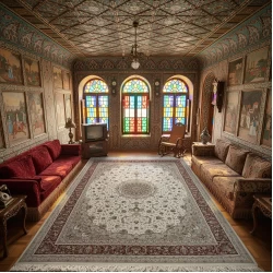 فرش ماشینی 1500 شانه تراکم 4500 برجسته طرح فروغ کرم حاشیه گلبهی - بازارفرش - فرش 1500 شانه