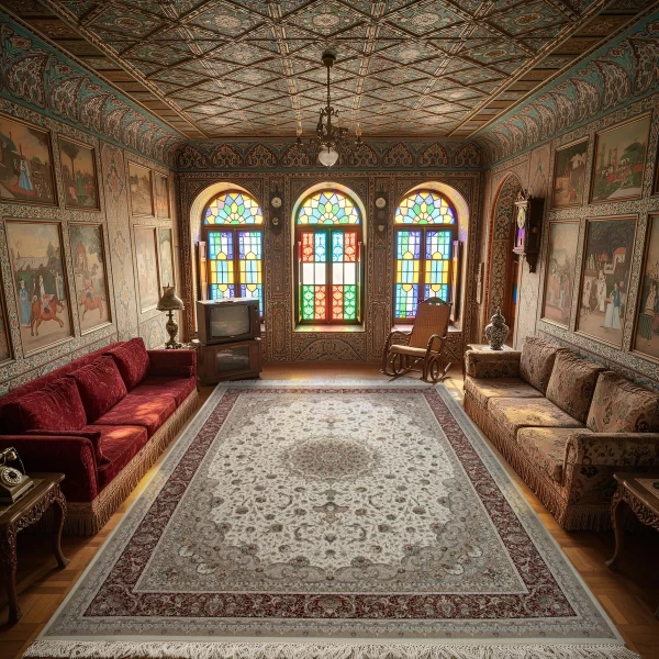 فرش ماشینی 1500 شانه تراکم 4500 برجسته طرح فروغ کرم حاشیه گلبهی